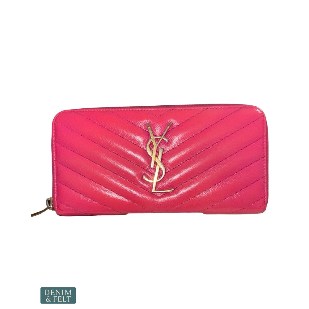 Saint Laurent‎ Monogram Matelassé Zip Around Hot Pink Chevron Quilted Wallet